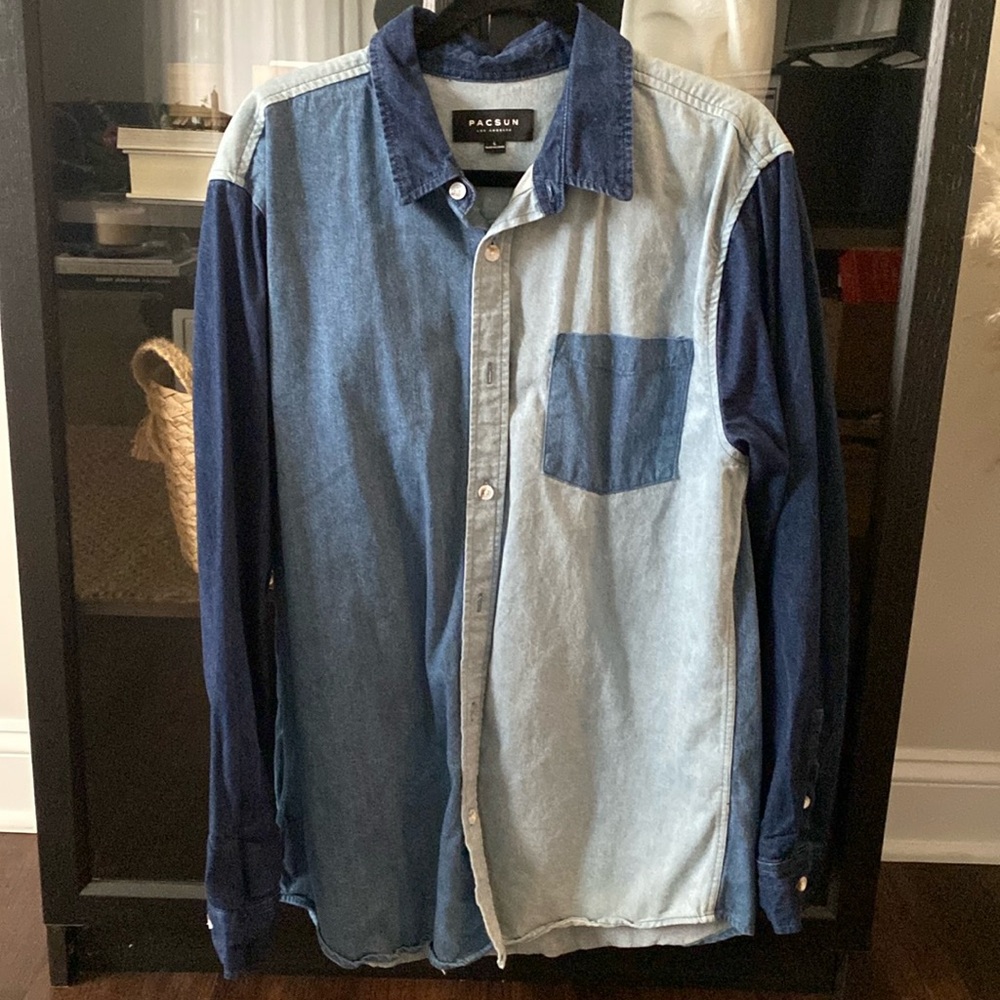 Pac Sun Denim Color Block Button Up Shirt